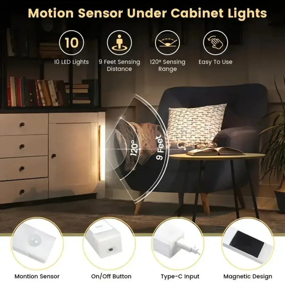 Veilleuse LED à capteur de mouvement, rechargeable par USB, sans fil, 10 à 50 cm, pour maison, chambre, cuisine et salle de bain 5