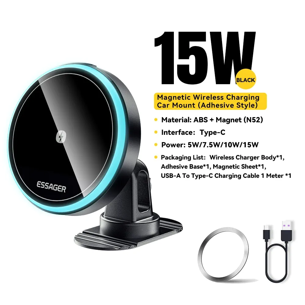 Chargeur magnétique sans fil pour voiture Essager, support de téléphone à charge rapide 15 W pour iPhone 15, 14, 13 et Android, RVB 7