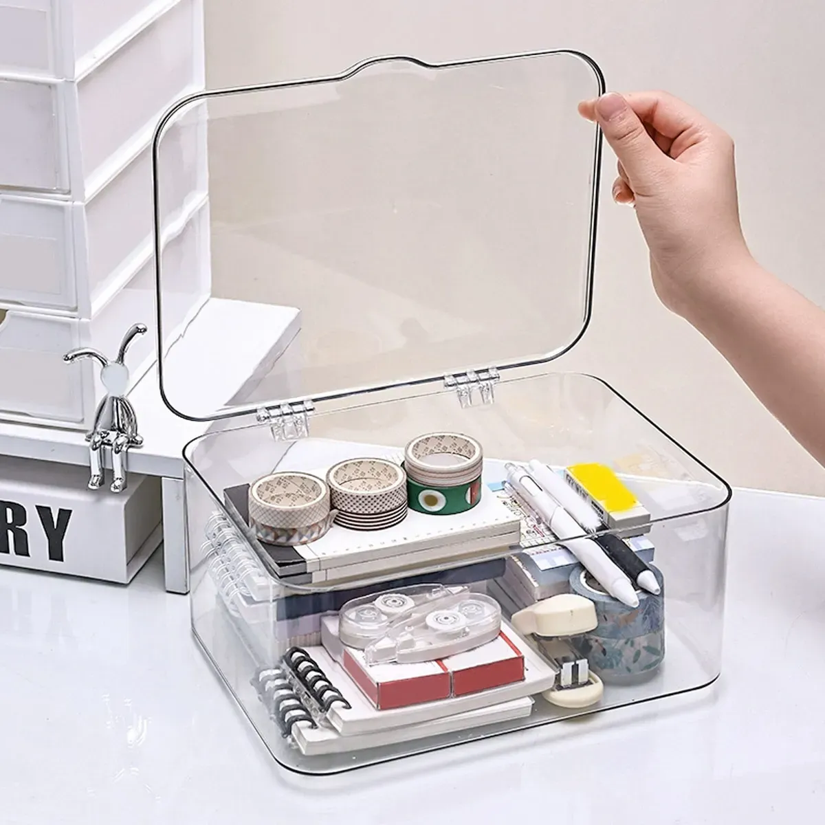 Boîte de rangement en plastique avec couvercle rabattable pour bureau