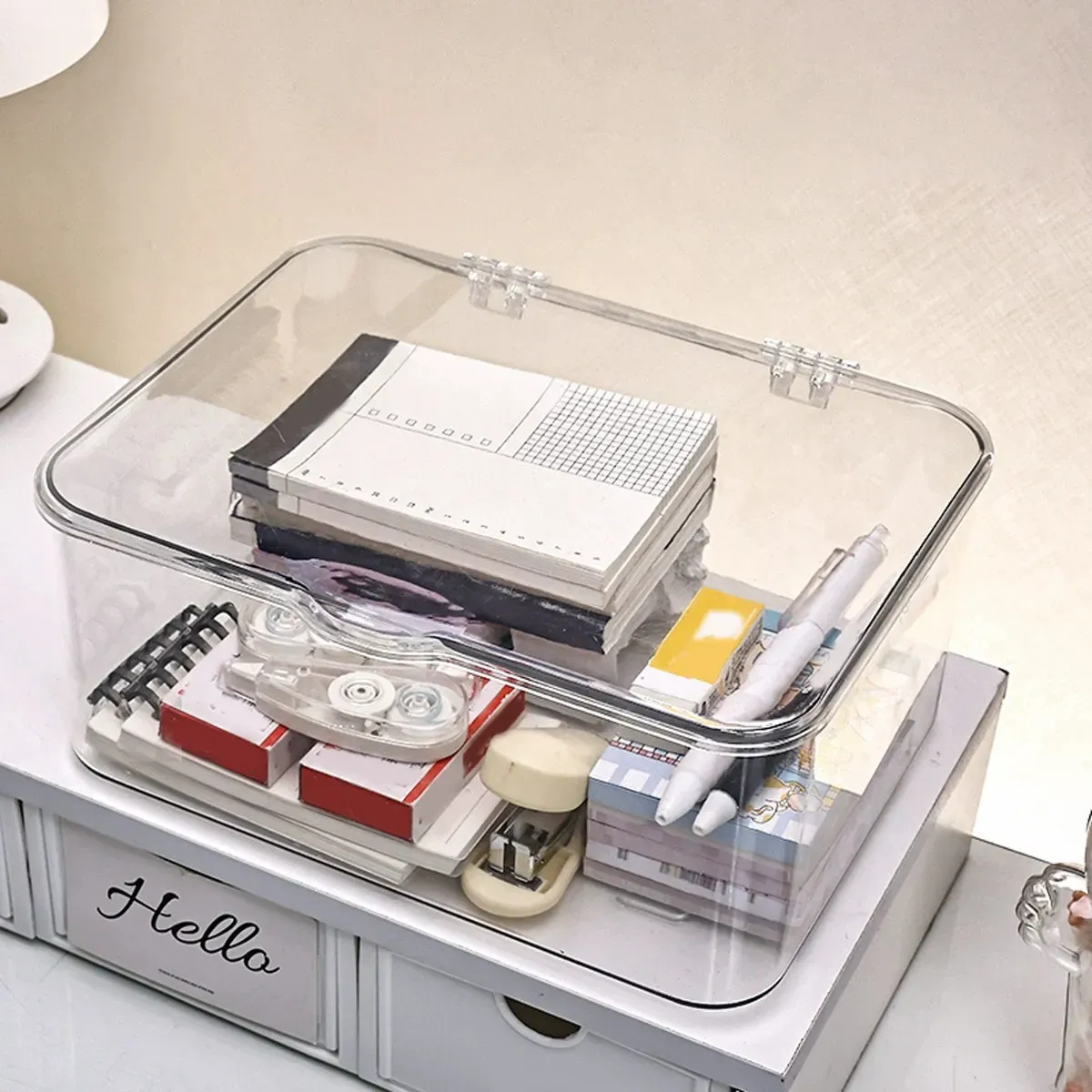 Boîte de rangement en plastique avec couvercle rabattable pour bureau 3