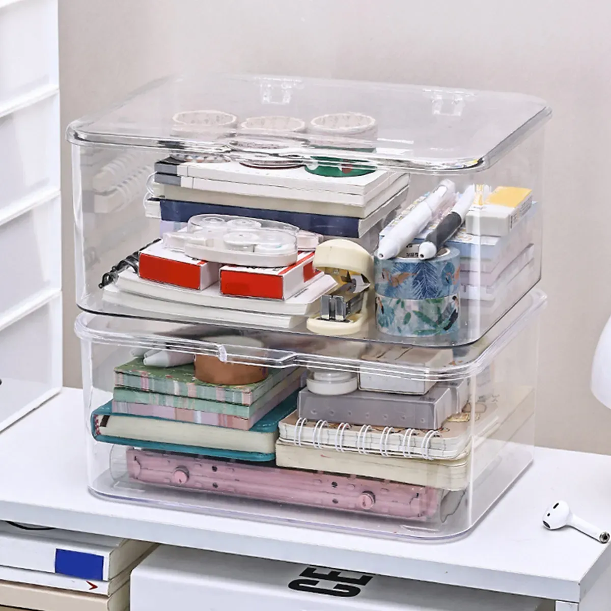 Boîte de rangement en plastique avec couvercle rabattable pour bureau 6