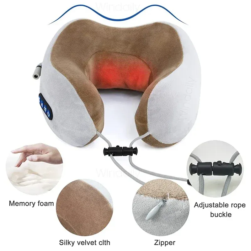 Masseur de cou électrique avec vibration thermique, pétrissage 3D, massage Shiatsu, oreiller en forme de U pour les épaules, soulagement des douleurs cervicales et de la fatigue 3