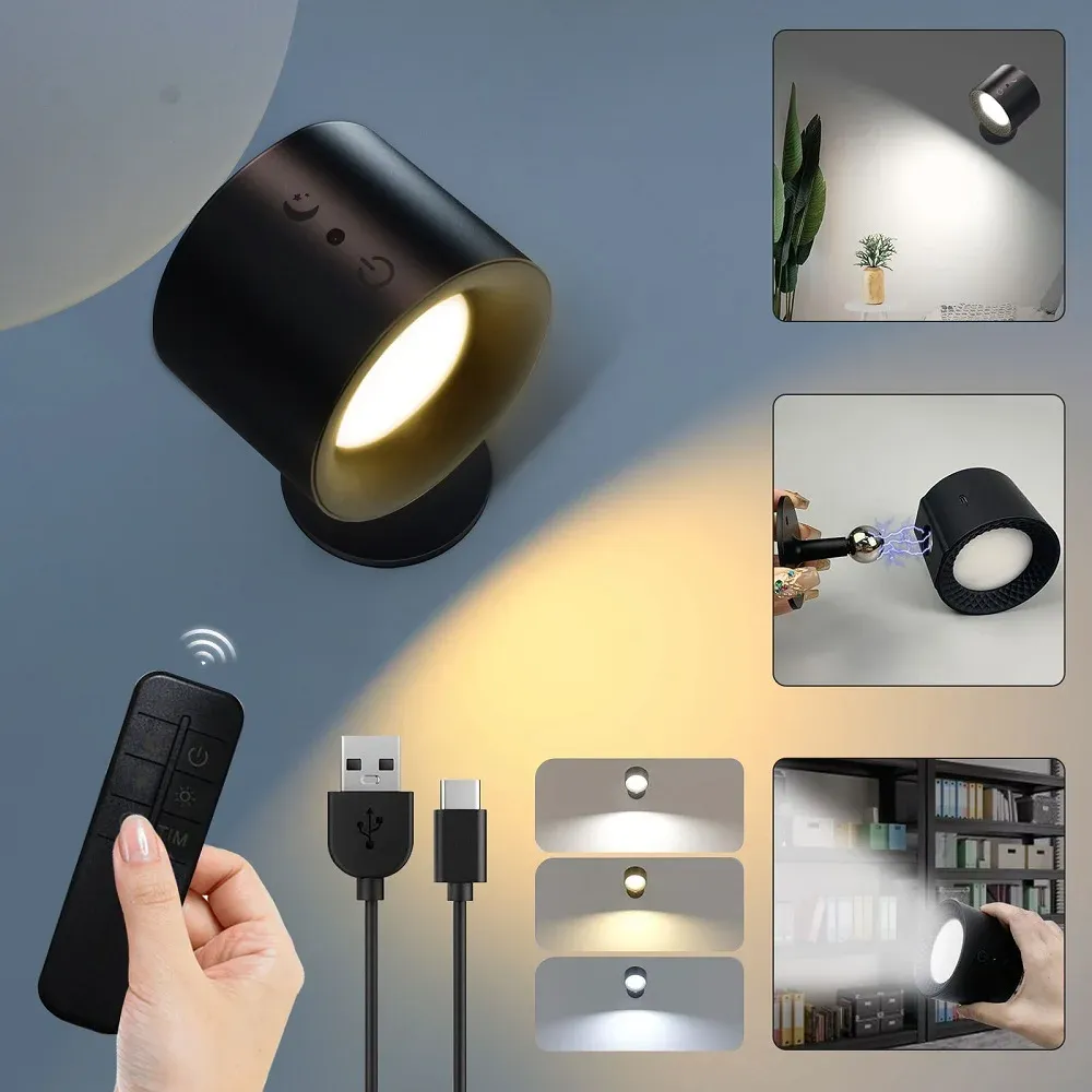 Applique murale LED tactile double tête, rotation 360°, 3 couleurs, sans fil, veilleuse pour chambre