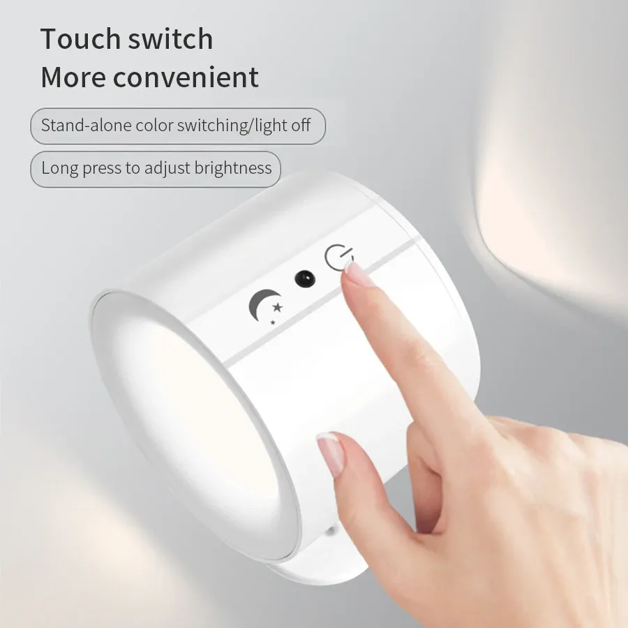 Applique murale LED tactile double tête, rotation 360°, 3 couleurs, sans fil, veilleuse pour chambre 5