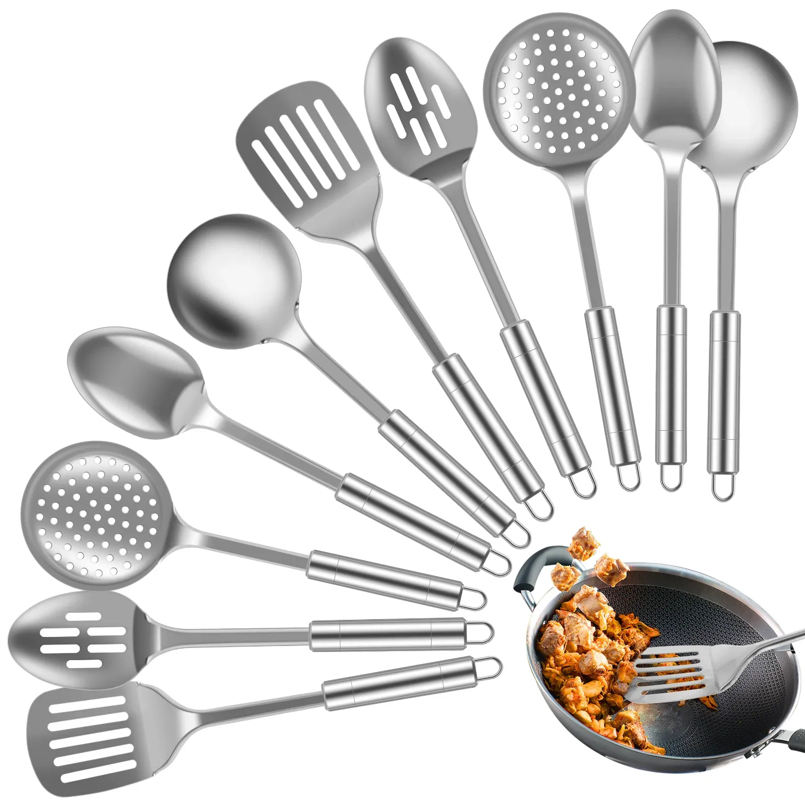 Ensemble d'ustensiles de cuisine en acier inoxydable, comprenant pelle, cuillère à soupe et spatule, 5 à 10 pièces
