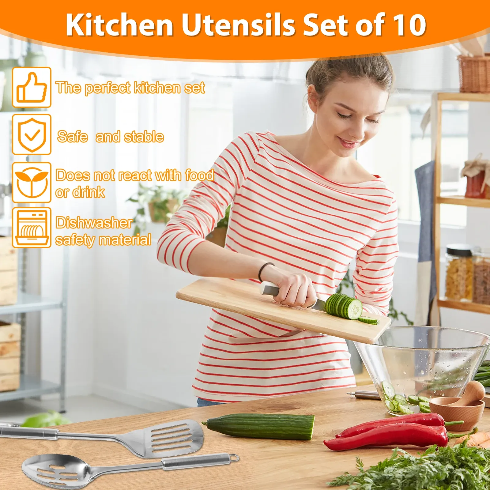 Ensemble d'ustensiles de cuisine en acier inoxydable, finition argent