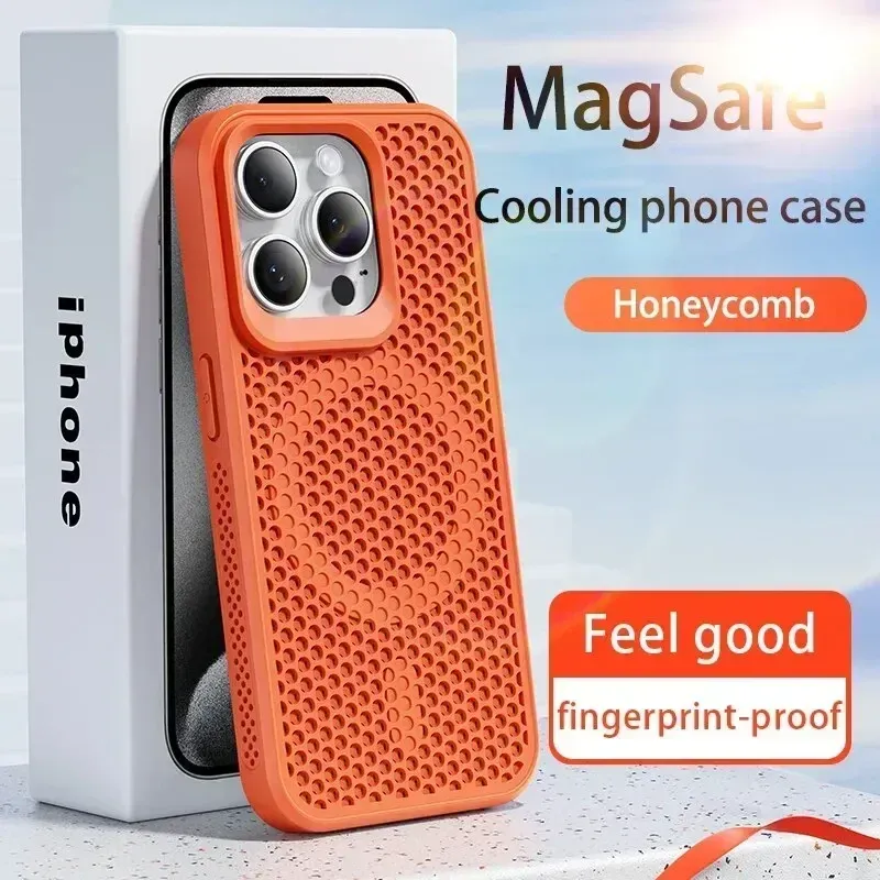 Coque de téléphone à dissipation thermique pour iPhone 11 à 18 Pro Max, coque arrière rigide respirante magnétique compatible MagSafe 2