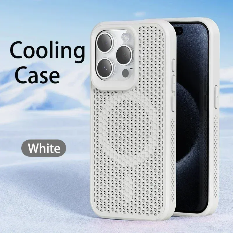 Coque de téléphone à dissipation thermique pour iPhone 11 à 18 Pro Max, coque arrière rigide respirante magnétique compatible MagSafe 12
