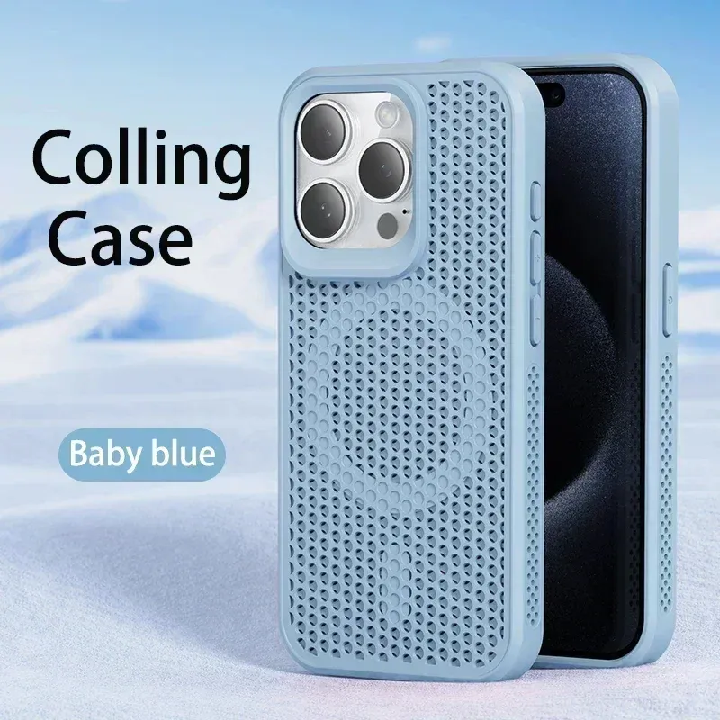 Coque de téléphone à dissipation thermique pour iPhone 11 à 18 Pro Max, coque arrière rigide respirante magnétique compatible MagSafe 13