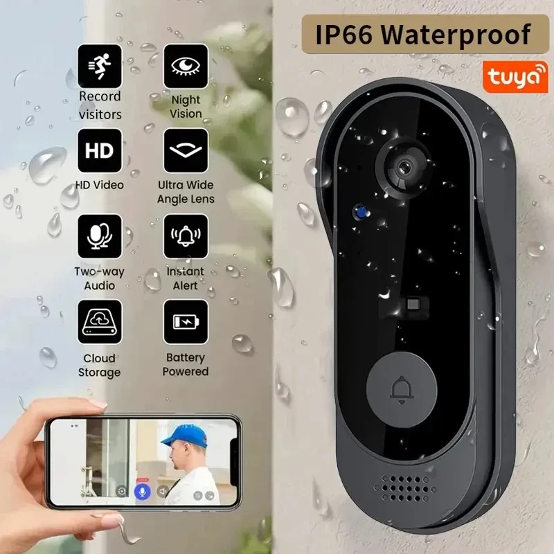 Sonnette vidéo intelligente Tuya Wi-Fi HD 1080P avec interphone bidirectionnel, étanche, compatible carte SD et stockage cloud 2