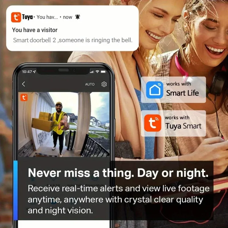 Sonnette vidéo intelligente Tuya Wi-Fi HD 1080P avec interphone bidirectionnel, étanche, compatible carte SD et stockage cloud 4