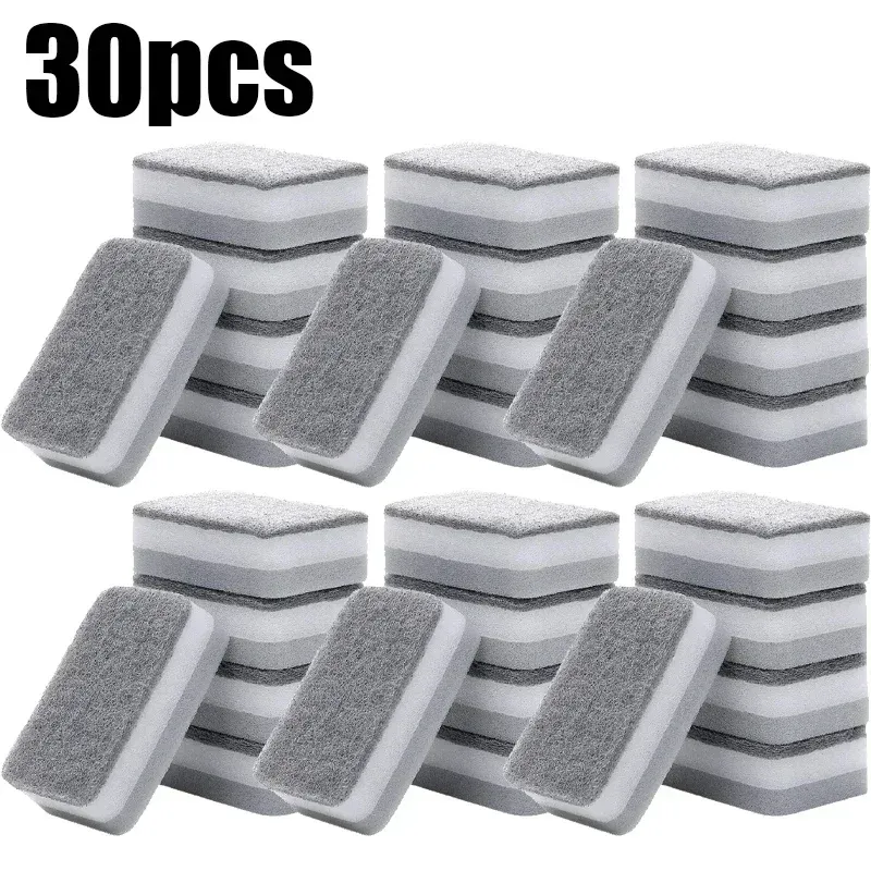 Éponges magiques réutilisables à trois couches pour casseroles et vaisselle, tampons à récurer, éponge de cuisine, lingettes et brosse de nettoyage 9
