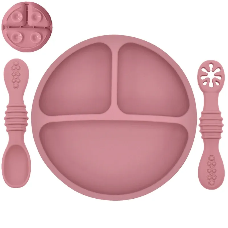 Assiette en silicone pour bébé avec ventouse, ensemble cuillère et fourchette, motif dessin animé, vaisselle enfant 22