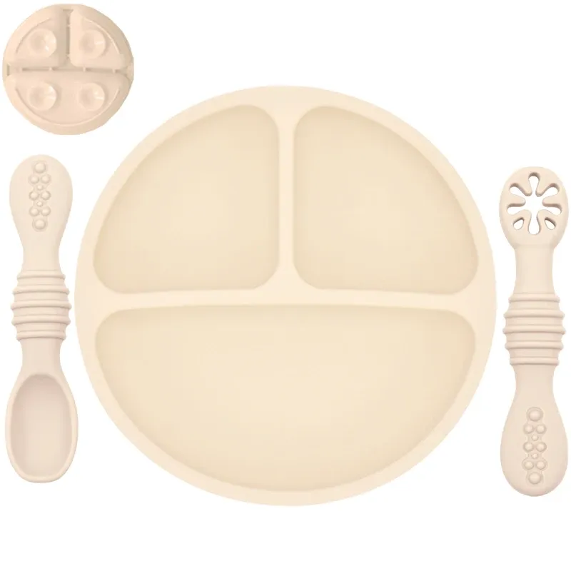 Assiette en silicone pour bébé avec ventouse, ensemble cuillère et fourchette, motif dessin animé, vaisselle enfant 23