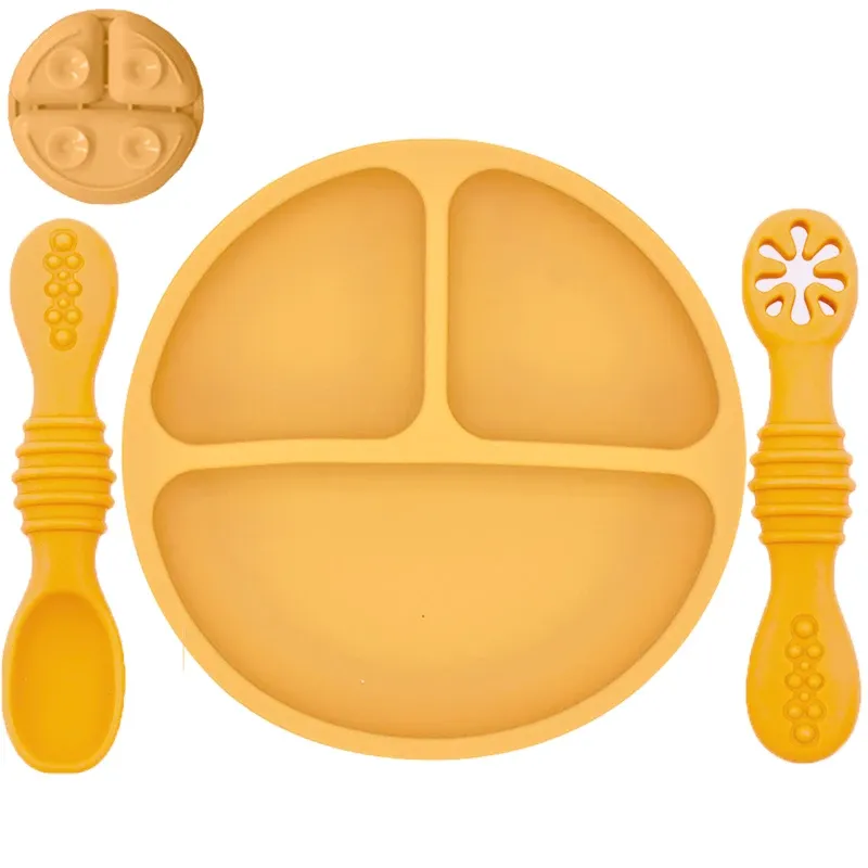 Assiette en silicone pour bébé avec ventouse, ensemble cuillère et fourchette, motif dessin animé, vaisselle enfant 24