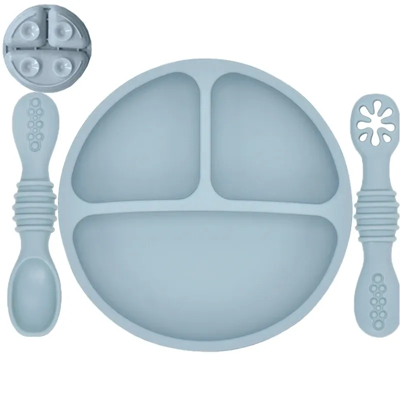 Assiette en silicone pour bébé avec ventouse, ensemble cuillère et fourchette, motif dessin animé, vaisselle enfant 17