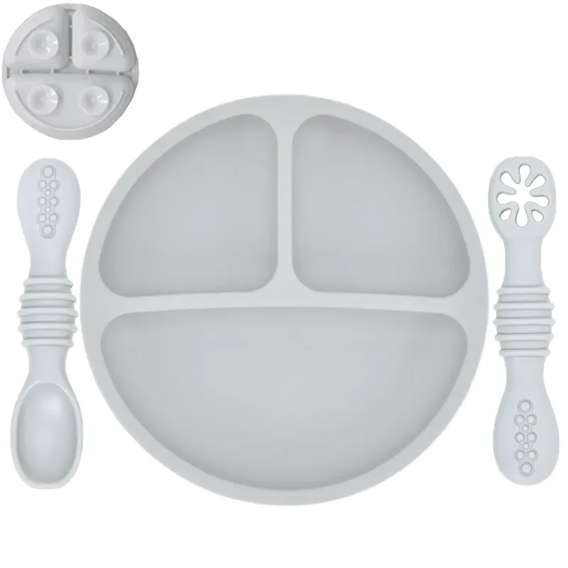 Assiette en silicone pour bébé avec ventouse, ensemble cuillère et fourchette, motif dessin animé, vaisselle enfant 18
