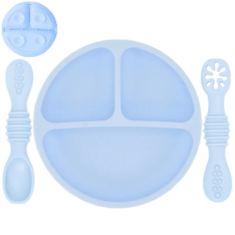 Assiette en silicone pour bébé avec ventouse, ensemble cuillère et fourchette, motif dessin animé, vaisselle enfant 19