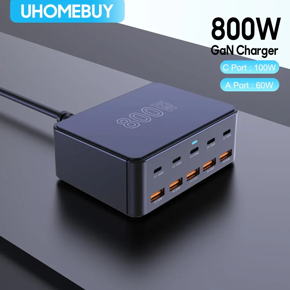 Chargeur USB-C GaN 800 W 100 W PD 3.0 PPS QC 3.0, station de charge rapide multiport pour iPhone 15 et 16, Samsung, MacBook Pro, ordinateurs portables et tablettes