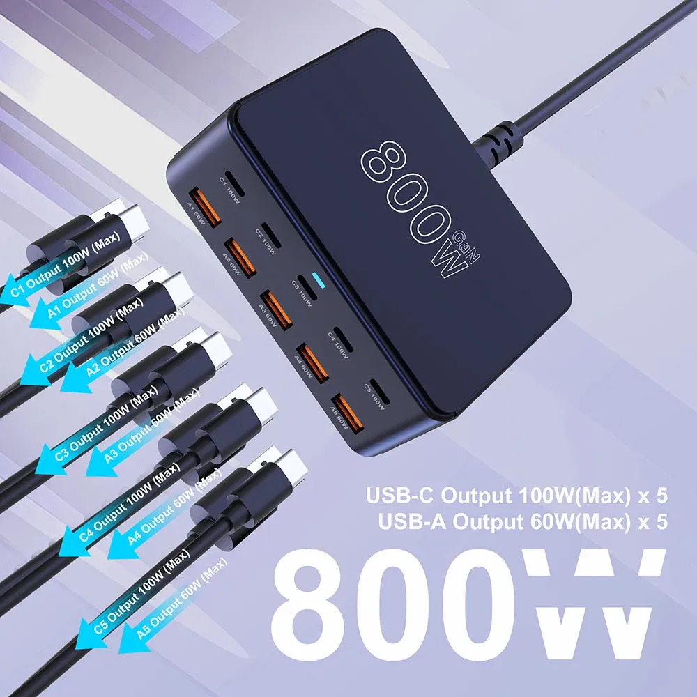 Chargeur USB-C GaN 800 W 100 W PD 3.0 PPS QC 3.0, station de charge rapide multiport pour iPhone 15 et 16, Samsung, MacBook Pro, ordinateurs portables et tablettes 4