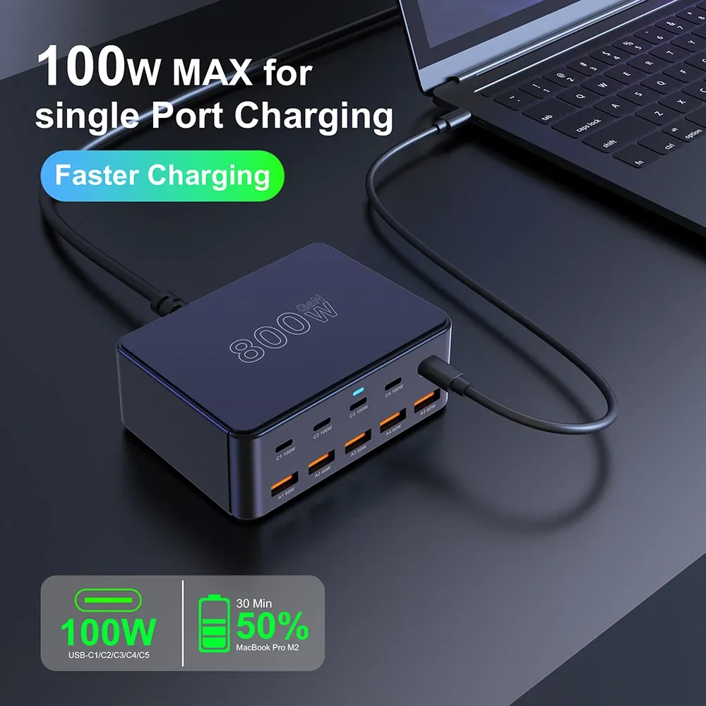 Chargeur USB-C GaN 800 W 100 W PD 3.0 PPS QC 3.0, station de charge rapide multiport pour iPhone 15 et 16, Samsung, MacBook Pro, ordinateurs portables et tablettes 3