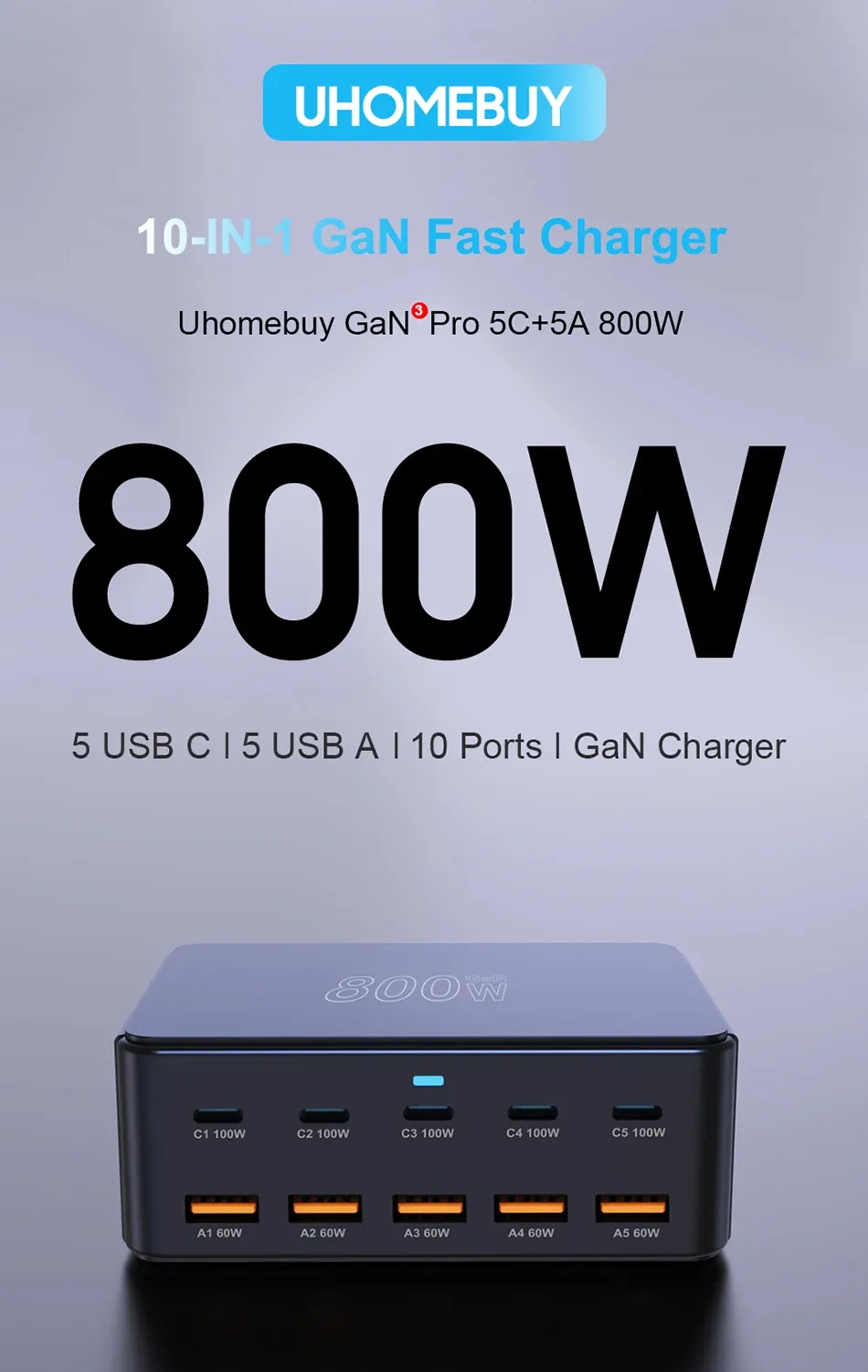 Chargeur USB-C GaN 800 W UHOMEBUY