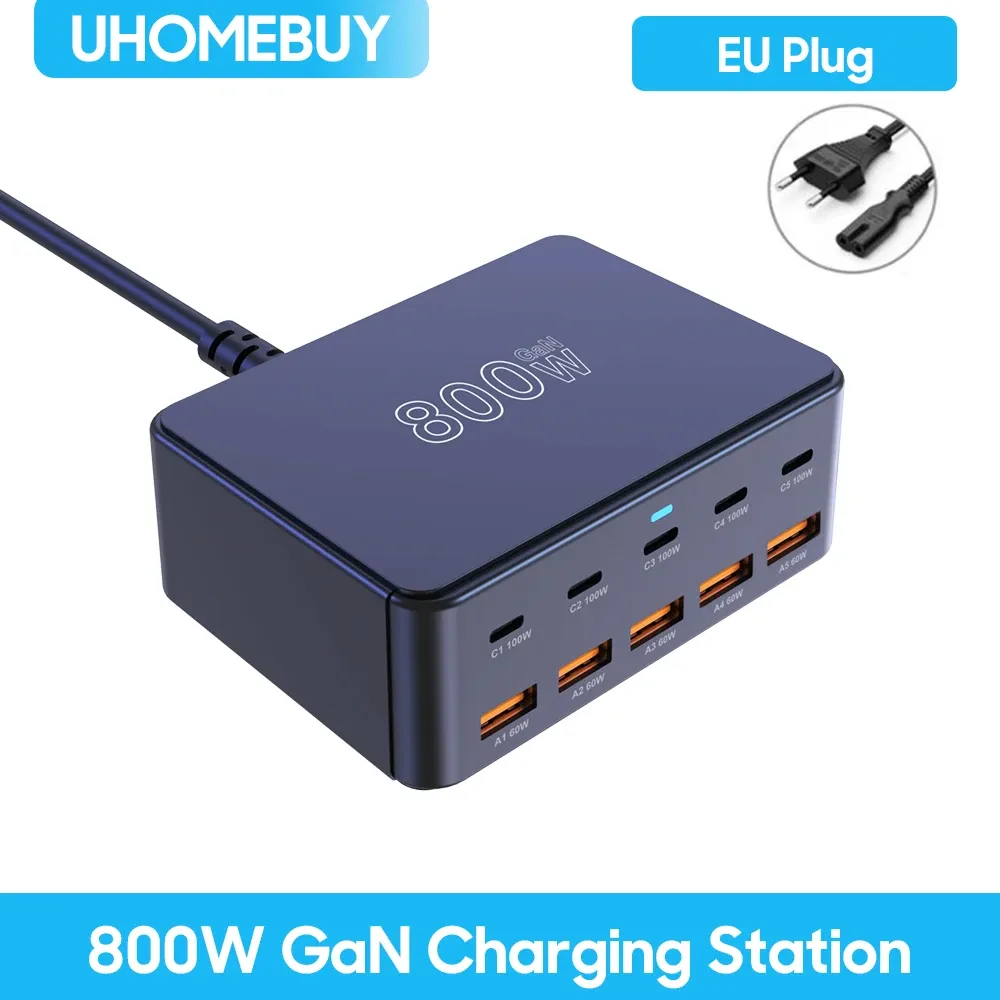 Chargeur USB-C GaN 800 W 100 W PD 3.0 PPS QC 3.0, station de charge rapide multiport pour iPhone 15 et 16, Samsung, MacBook Pro, ordinateurs portables et tablettes 13