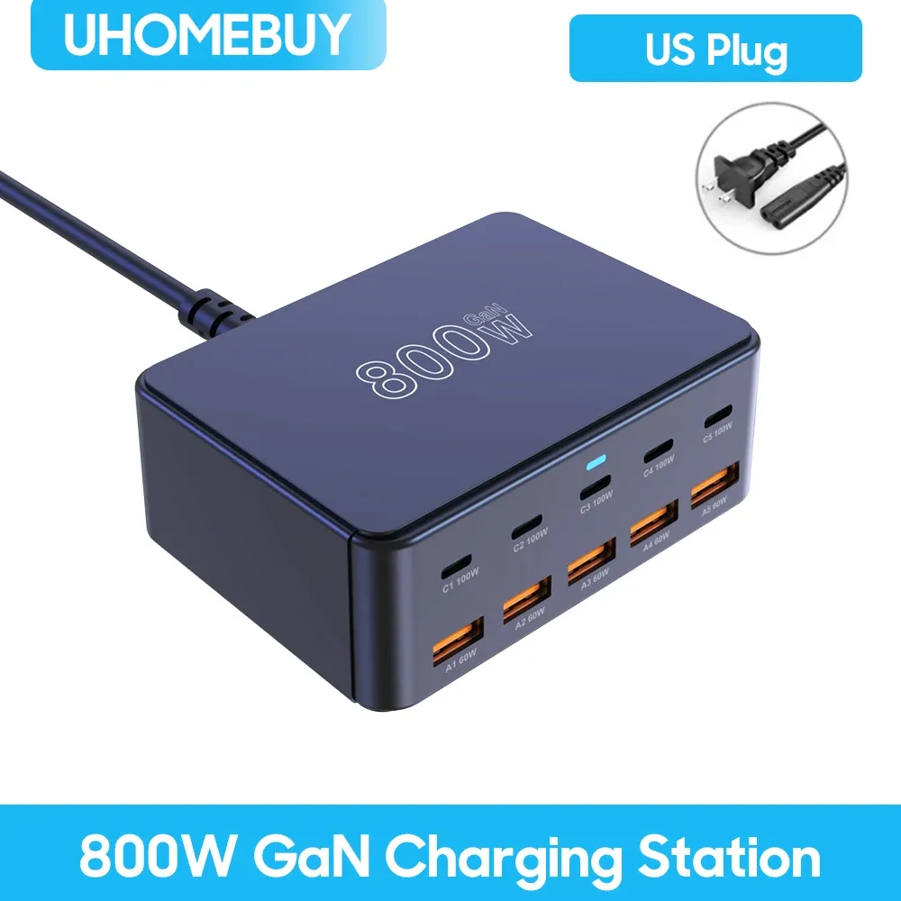 Chargeur USB-C GaN 800 W 100 W PD 3.0 PPS QC 3.0, station de charge rapide multiport pour iPhone 15 et 16, Samsung, MacBook Pro, ordinateurs portables et tablettes 15