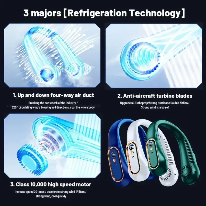 Ventilateur de cou sans pales portable rechargeable par USB, silencieux, 5 vitesses, écran numérique 2