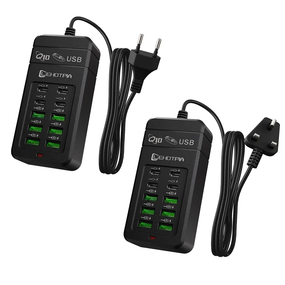 Chargeur USB rapide multiport 10 ports (6 USB-A et 4 USB-C) avec câble de 1,2 m et prises EU, UK et US interchangeables - Image 1