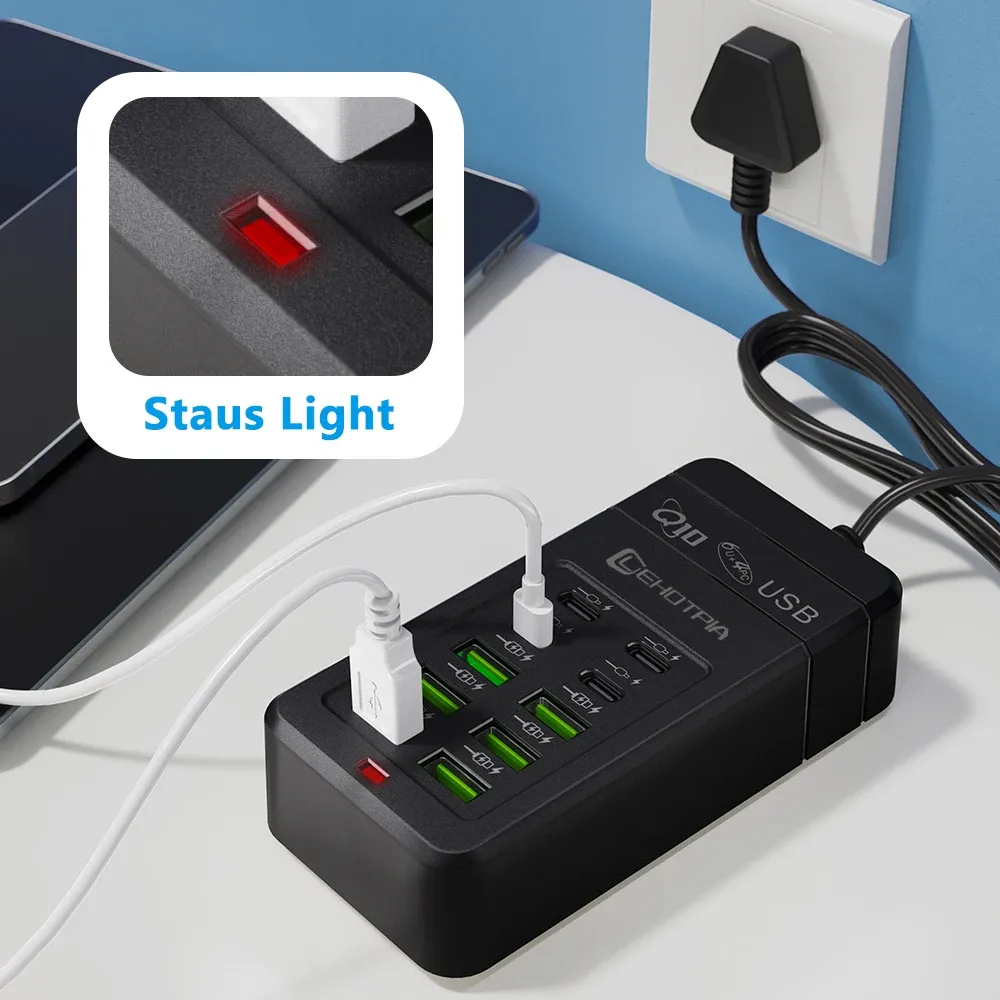 Chargeur USB rapide multiport 10 ports (6 USB-A et 4 USB-C) avec câble de 1,2 m et prises EU, UK et US interchangeables 2