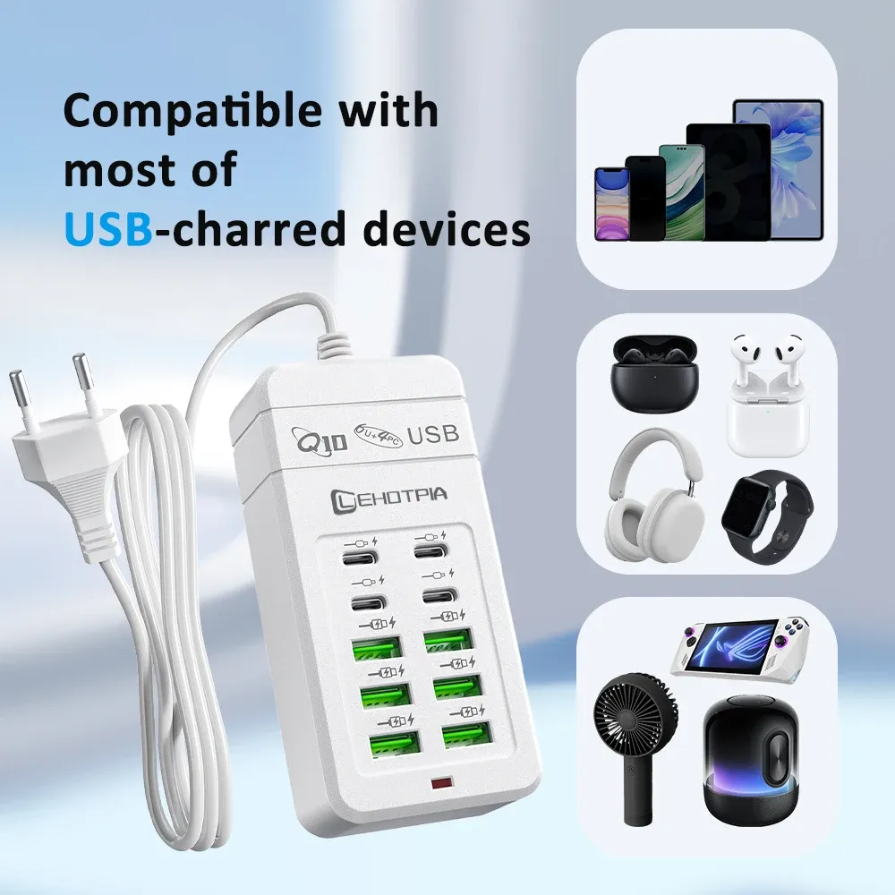 Chargeur USB rapide multiport 10 ports (6 USB-A et 4 USB-C) avec câble de 1,2 m et prises EU, UK et US interchangeables 5