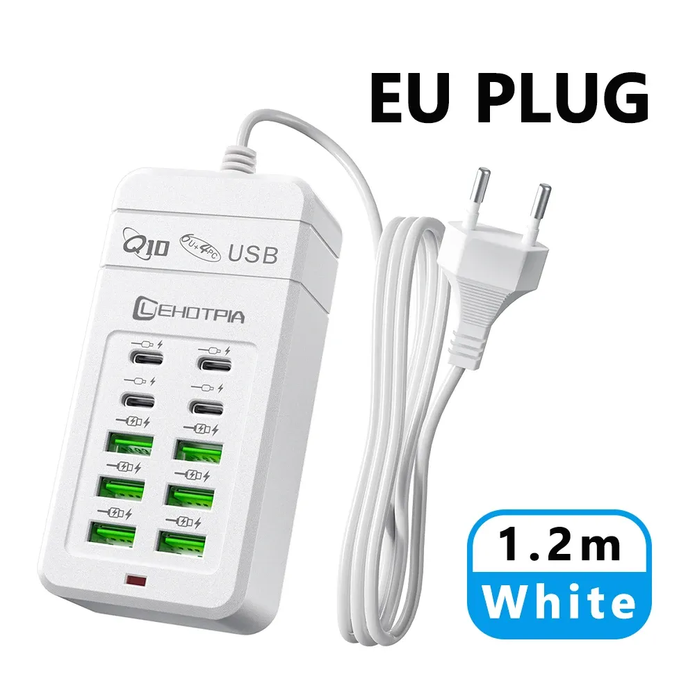Chargeur USB rapide multiport 10 ports (6 USB-A et 4 USB-C) avec câble de 1,2 m et prises EU, UK et US interchangeables 10