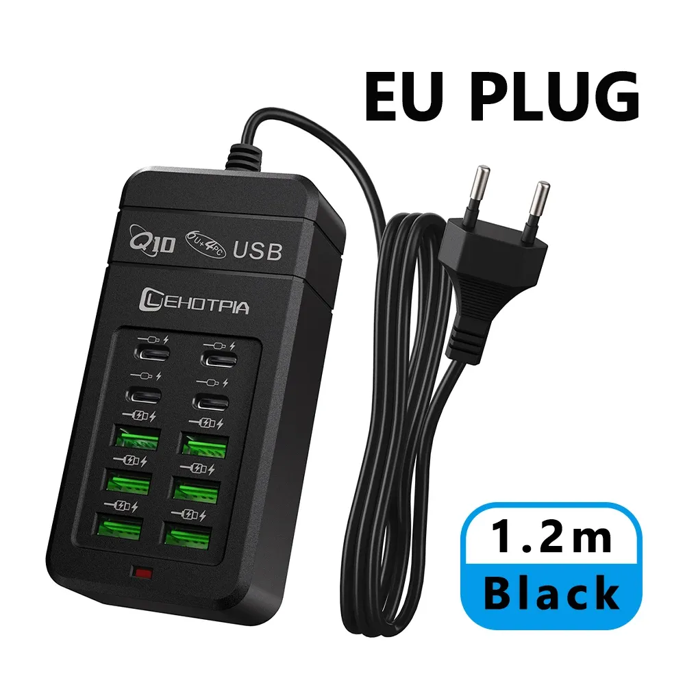 Chargeur USB rapide multiport 10 ports (6 USB-A et 4 USB-C) avec câble de 1,2 m et prises EU, UK et US interchangeables 9