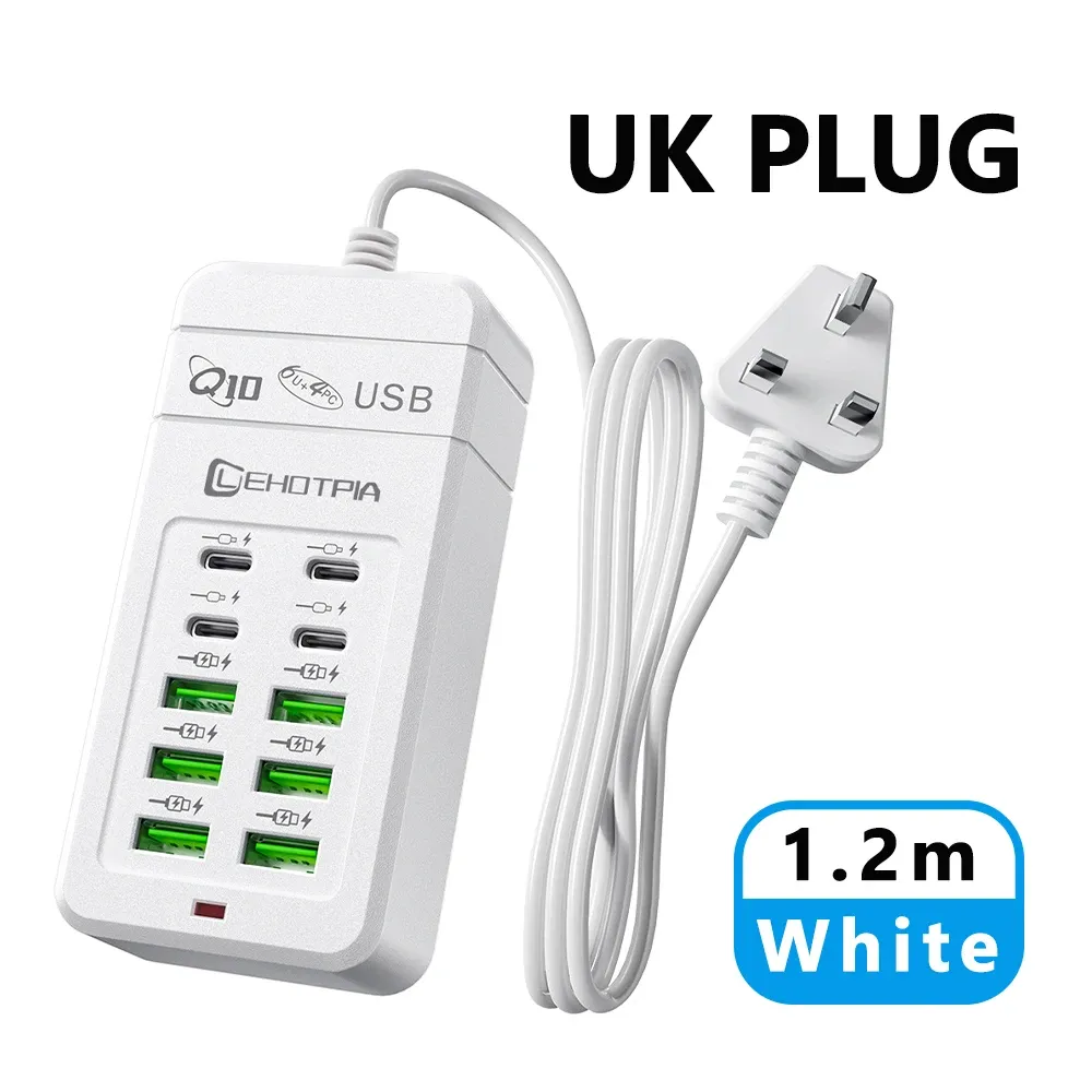 Chargeur USB rapide multiport 10 ports (6 USB-A et 4 USB-C) avec câble de 1,2 m et prises EU, UK et US interchangeables 12
