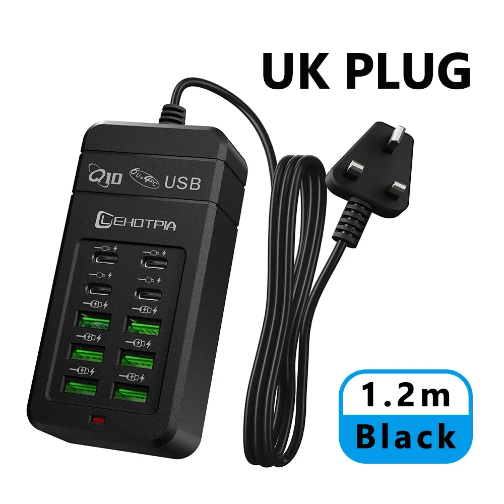 Chargeur USB rapide multiport 10 ports (6 USB-A et 4 USB-C) avec câble de 1,2 m et prises EU, UK et US interchangeables 11