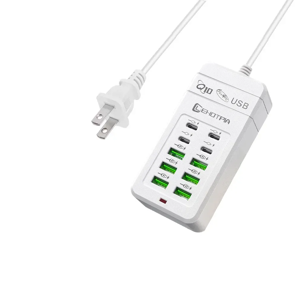 Chargeur USB rapide multiport 10 ports (6 USB-A et 4 USB-C) avec câble de 1,2 m et prises EU, UK et US interchangeables 7
