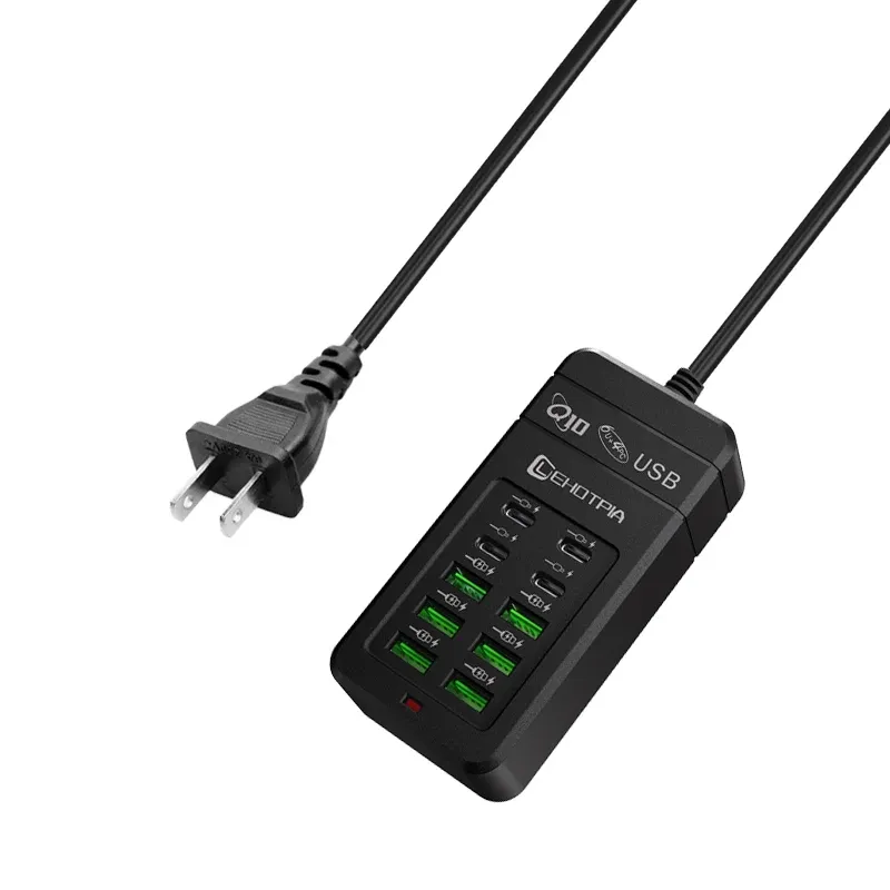 Chargeur USB rapide multiport 10 ports (6 USB-A et 4 USB-C) avec câble de 1,2 m et prises EU, UK et US interchangeables 8