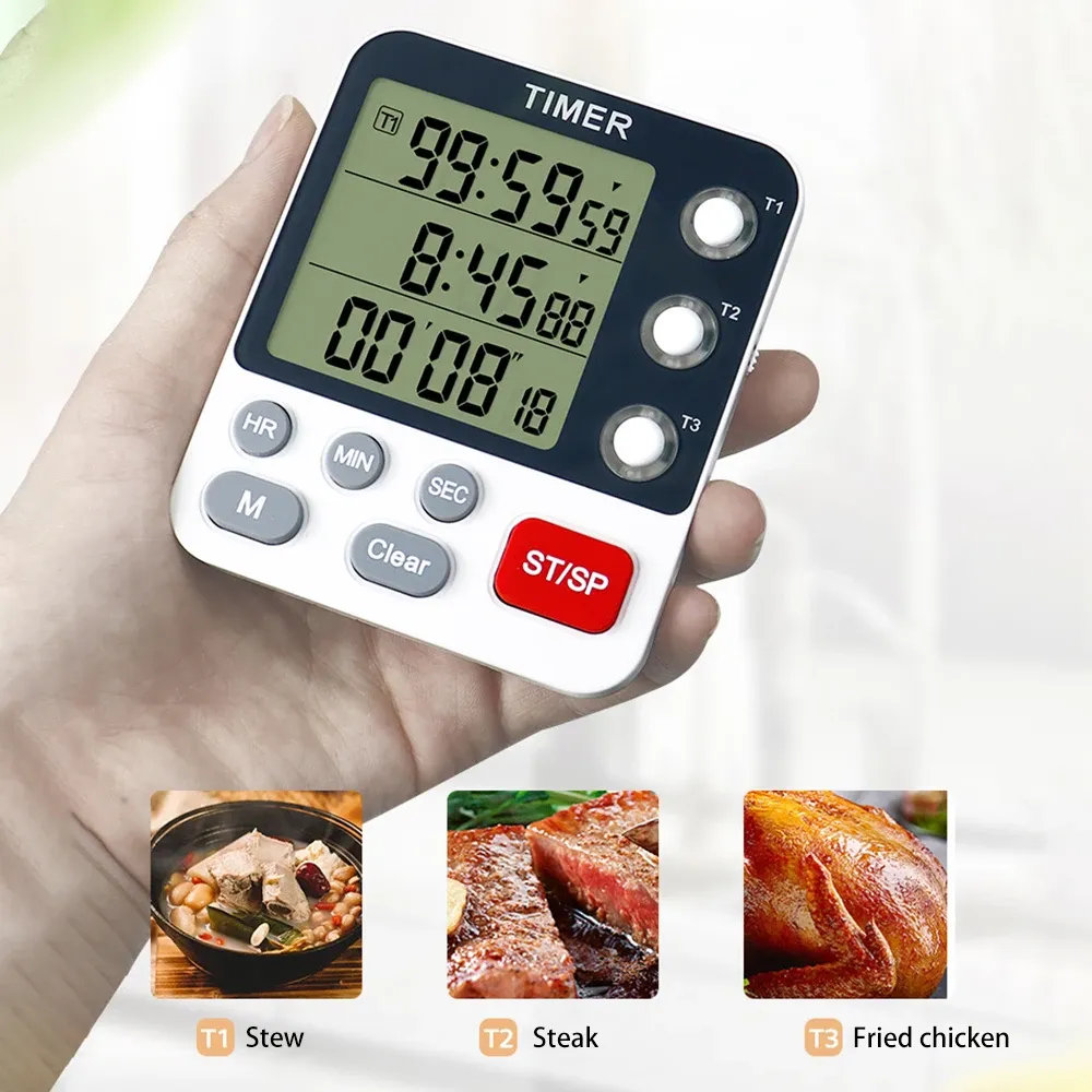 Minuterie de cuisine numérique pour touristes, compte à rebours à 3 canaux, grand écran, alarme à volume élevé, support arrière magnétique 5