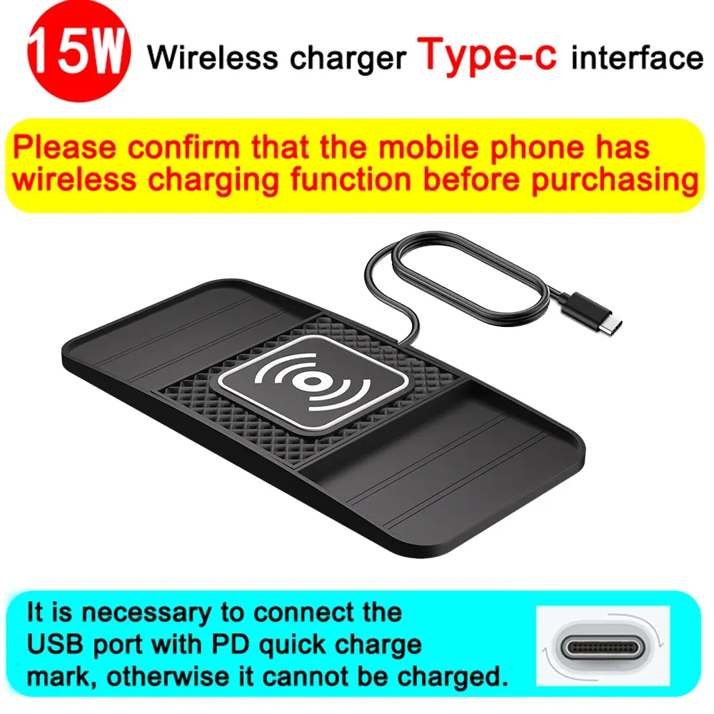 Tapis de charge rapide sans fil 15 W antidérapant pour voiture, compatible smartphone 7