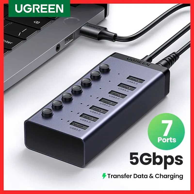 UGREEN Hub USB-C 7 ports USB 3.0 avec interrupteurs marche/arrêt individuels et indicateurs LED pour ordinateur de bureau et portable 1