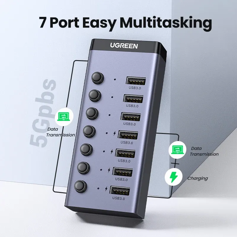 UGREEN Hub USB-C 7 ports USB 3.0 avec interrupteurs marche/arrêt individuels et indicateurs LED pour ordinateur de bureau et portable 2