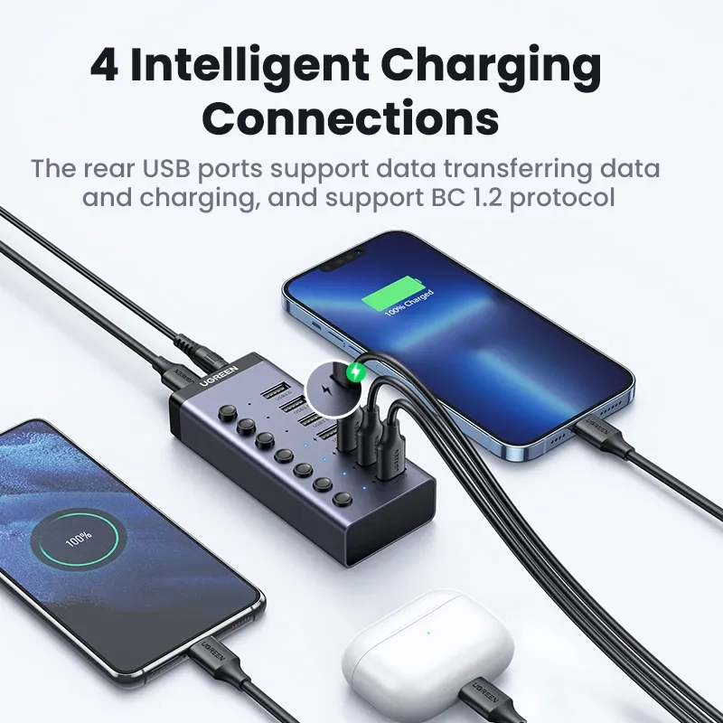 UGREEN Hub USB-C 7 ports USB 3.0 avec interrupteurs marche/arrêt individuels et indicateurs LED pour ordinateur de bureau et portable 3