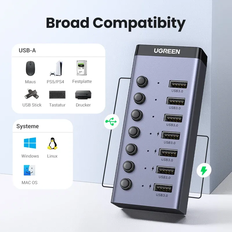 UGREEN Hub USB-C 7 ports USB 3.0 avec interrupteurs marche/arrêt individuels et indicateurs LED pour ordinateur de bureau et portable 6