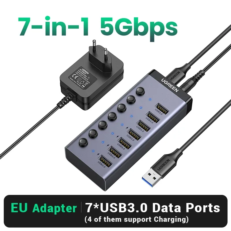 UGREEN Hub USB-C 7 ports USB 3.0 avec interrupteurs marche/arrêt individuels et indicateurs LED pour ordinateur de bureau et portable 7