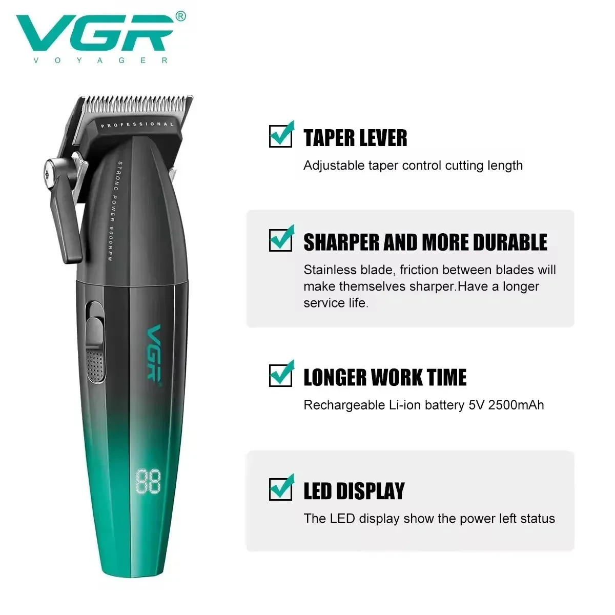 VGR Tondeuse à cheveux professionnelle sans fil pour barbier, tondeuse électrique en métal, modèles V-003, V-906, V-308 2