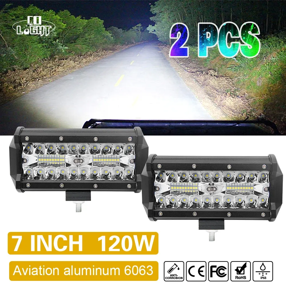 Barre lumineuse de travail LED 7" 120W, lot de 2 pièces, pour tracteur, bateau, véhicule tout-terrain, camion, SUV et VTT, faisceau combiné spot et inondation, 12V/24V