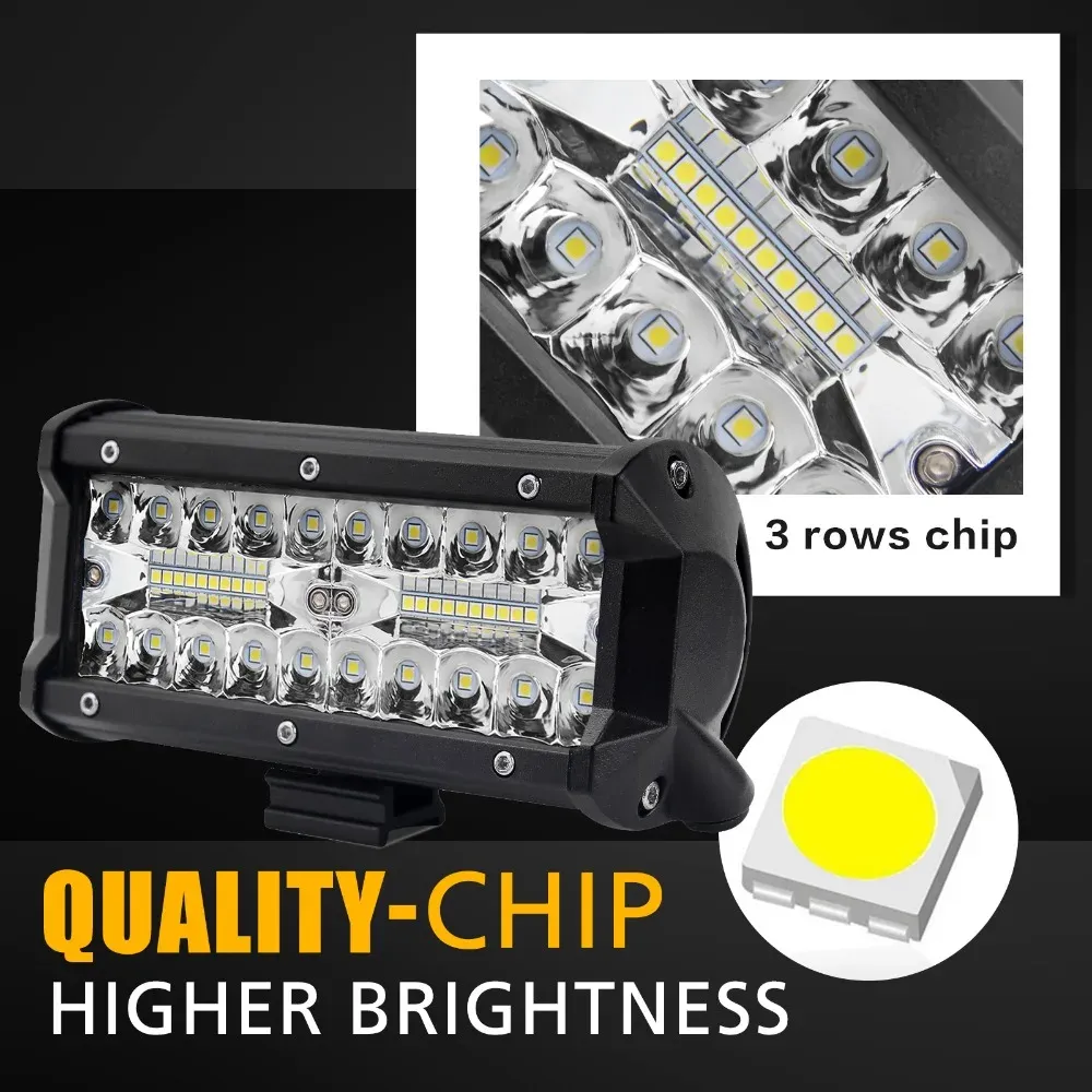 Barre lumineuse de travail LED 7" 120W, lot de 2 pièces, pour tracteur, bateau, véhicule tout-terrain, camion, SUV et VTT, faisceau combiné spot et inondation, 12V/24V 2