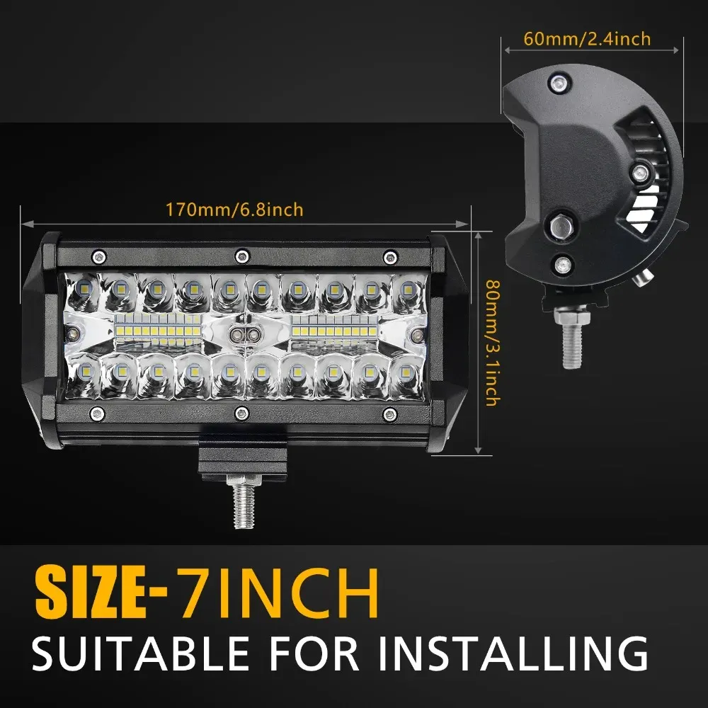 Barre lumineuse de travail LED 7" 120W, lot de 2 pièces, pour tracteur, bateau, véhicule tout-terrain, camion, SUV et VTT, faisceau combiné spot et inondation, 12V/24V 5