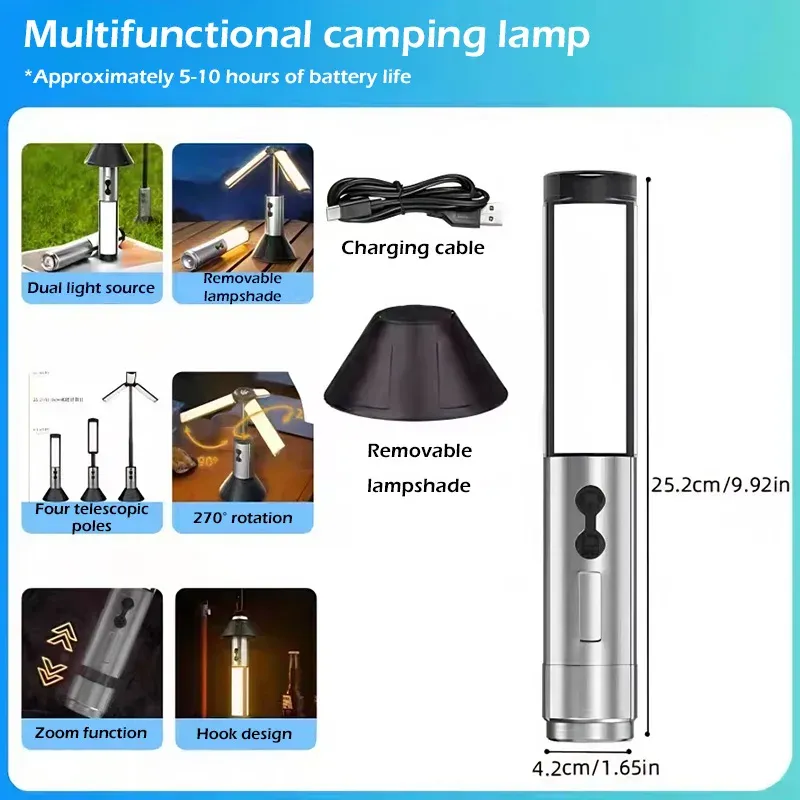 Lampe de poche télescopique rechargeable et portable pour le camping, la randonnée et la pêche en plein air 9